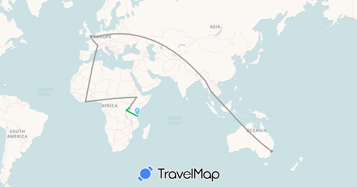 TravelMap itinerary: driving, bus, plane, boat in Australia, Belgium, Switzerland, Côte d'Ivoire, Ethiopia, France, United Kingdom, Myanmar (Burma), Rwanda, Thailand, Tanzania, Uganda (Africa, Asia, Europe, Oceania)